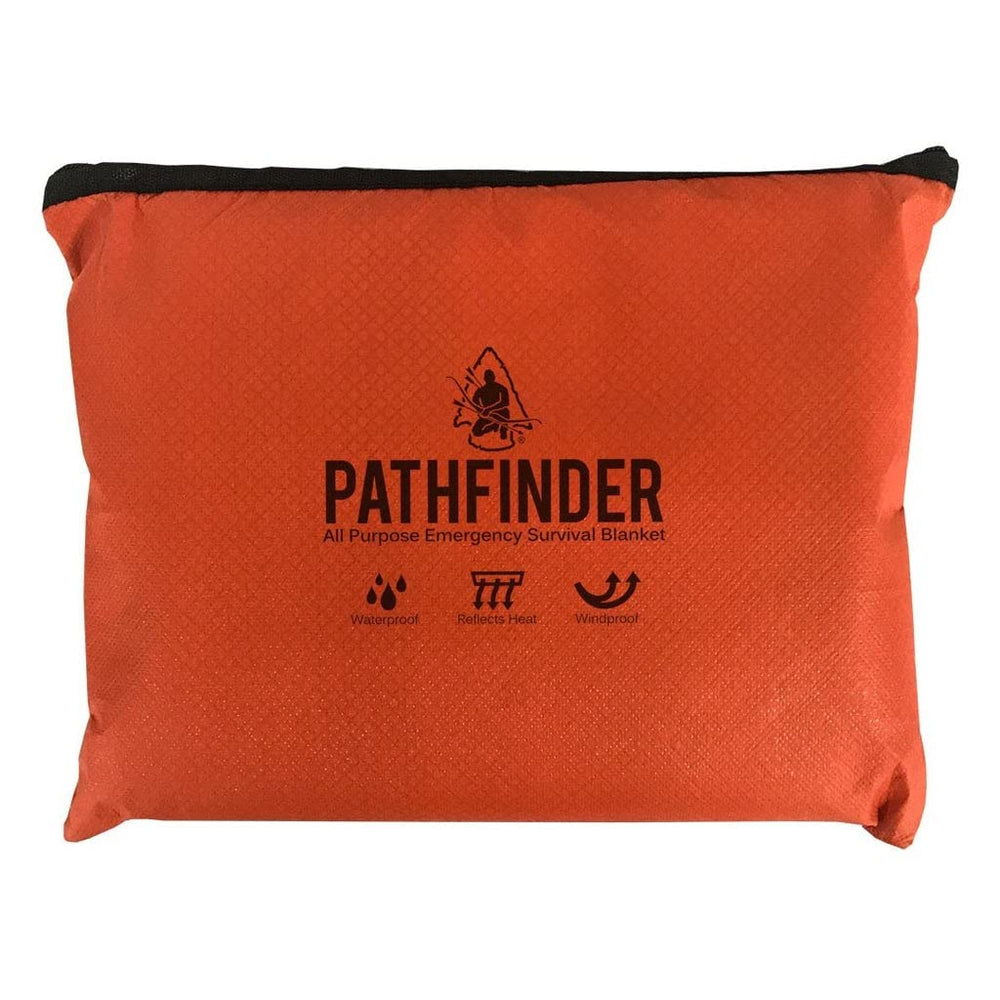 The Pathfinder School survival blanket orange nylon side used as ground tarp or shelter.
