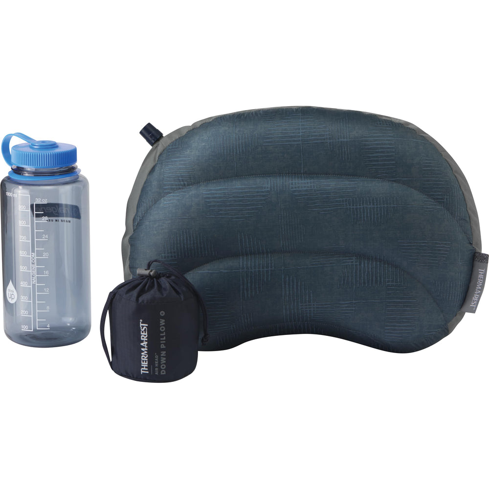 Therm-a-Rest Air Head Down Pillow on a sleeping bag hood illustrating precise fit