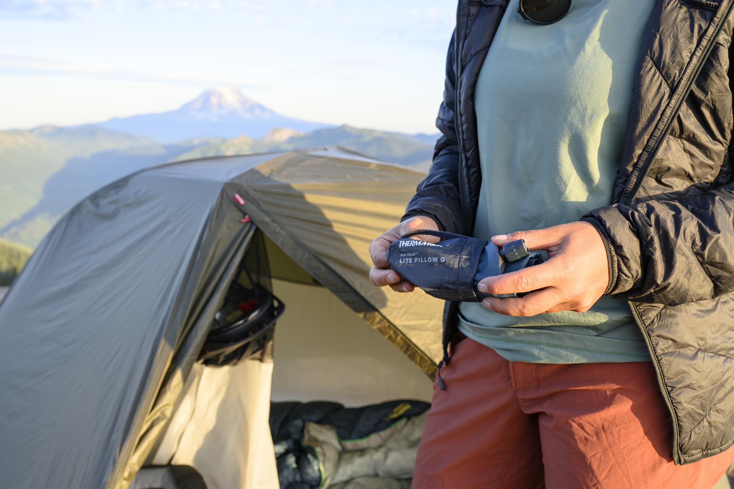 Therm-a-Rest Air Head Lite stretch-knit fabric offers nonslip comfort during rest.