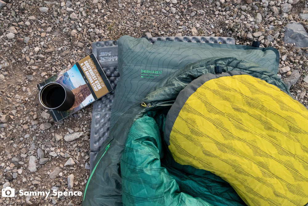 Therm-a-Rest Air Head's non-slip bottom keeps pillow in place on uneven ground.