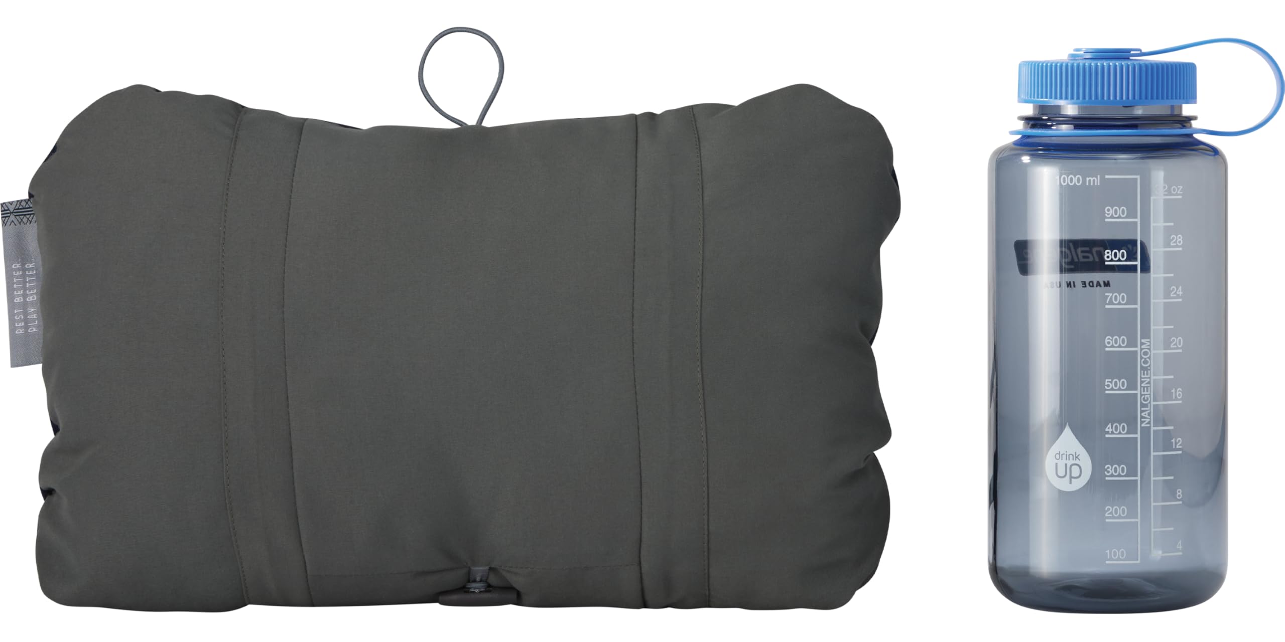 Therm-a-Rest Compressible Cinch Pillow loft and upcycled foam provide sturdy support