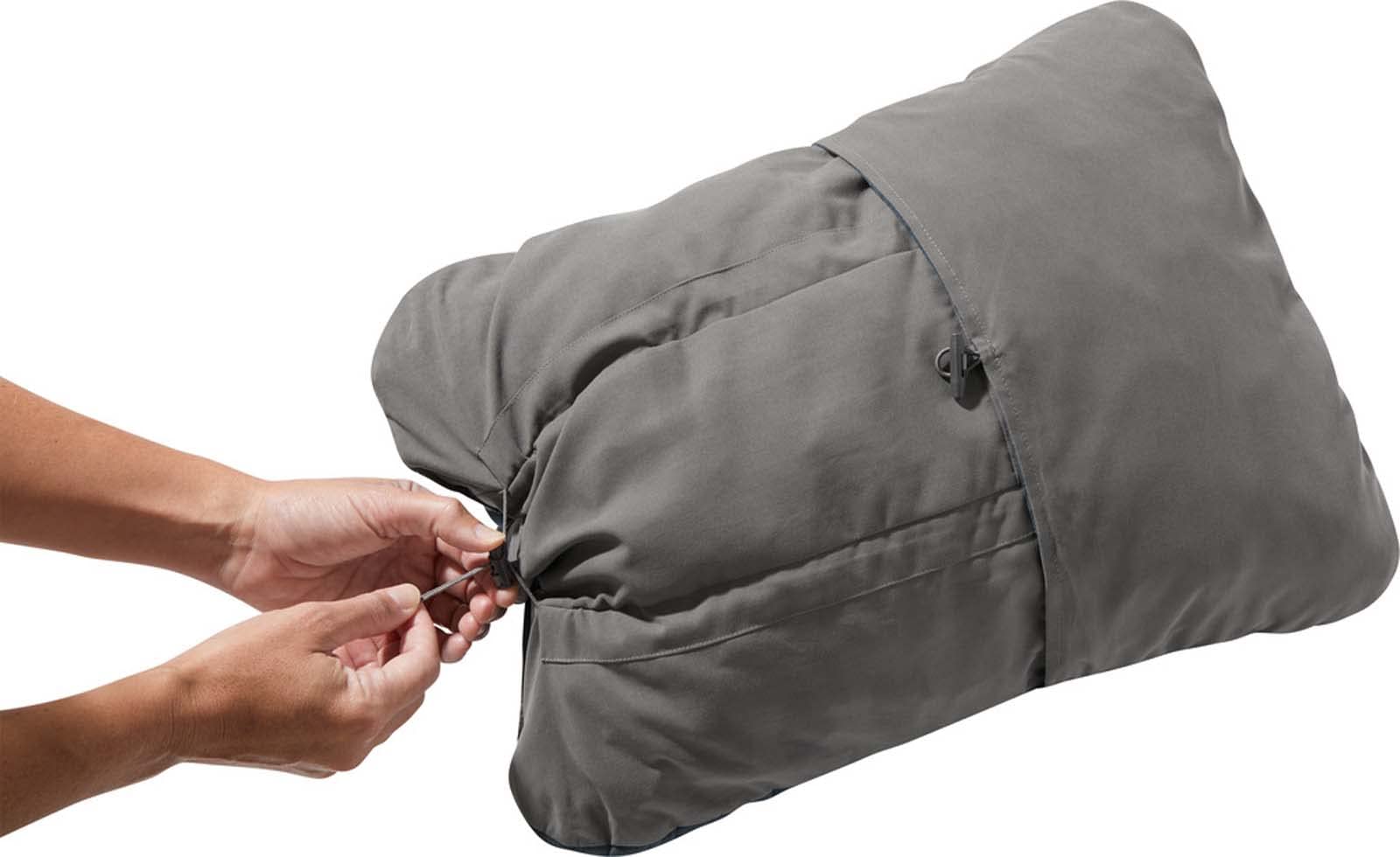 Therm-a-Rest Compressible Cinch Pillow in campground setting demonstrates lumps-free surface