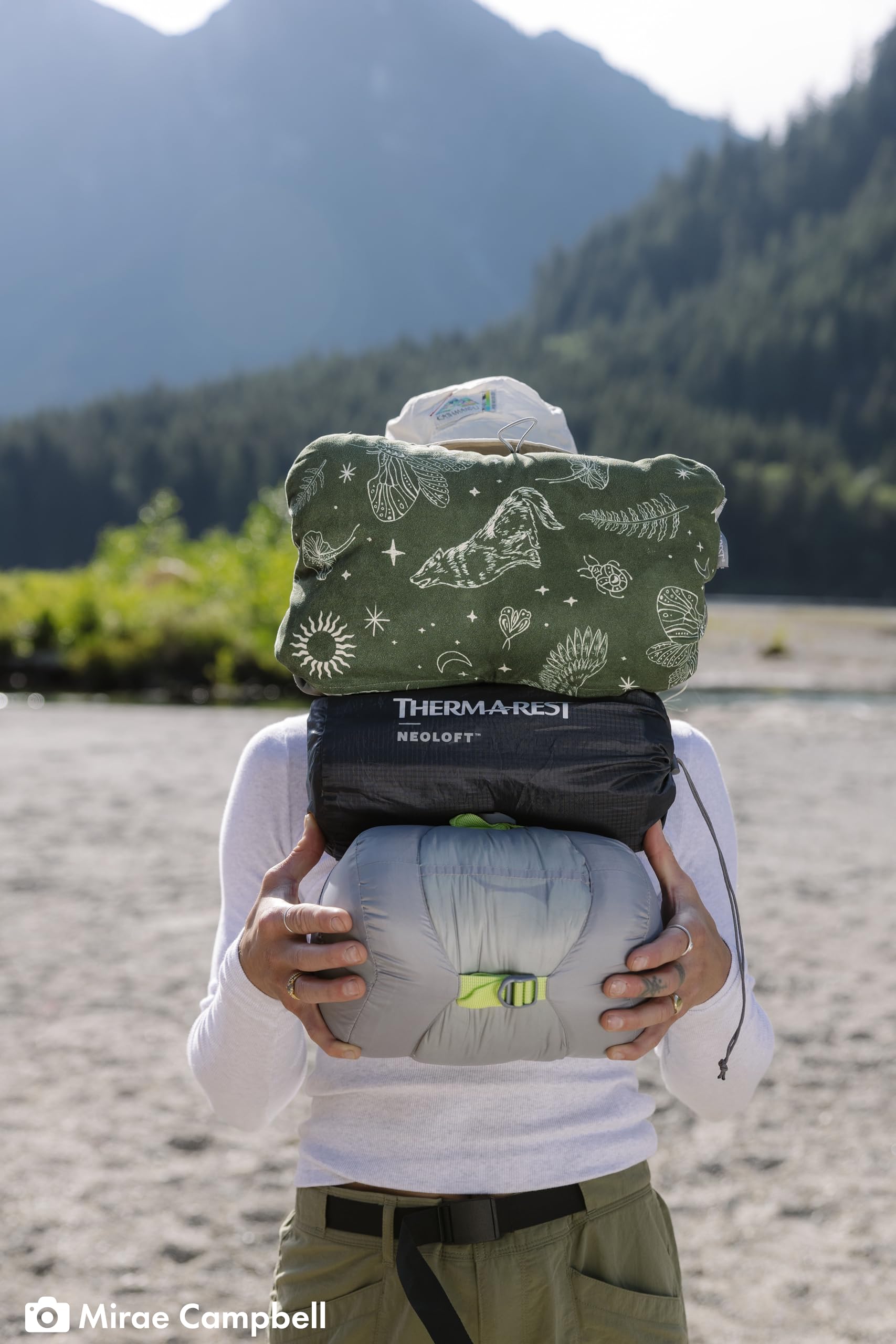 Therm-a-Rest Compressible Cinch Pillow Woodland close-up cover shows soft recycled fabric