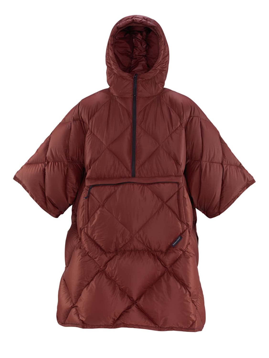 Therm-a-Rest Honcho Poncho Down worn hooded at camp for lightweight warmth