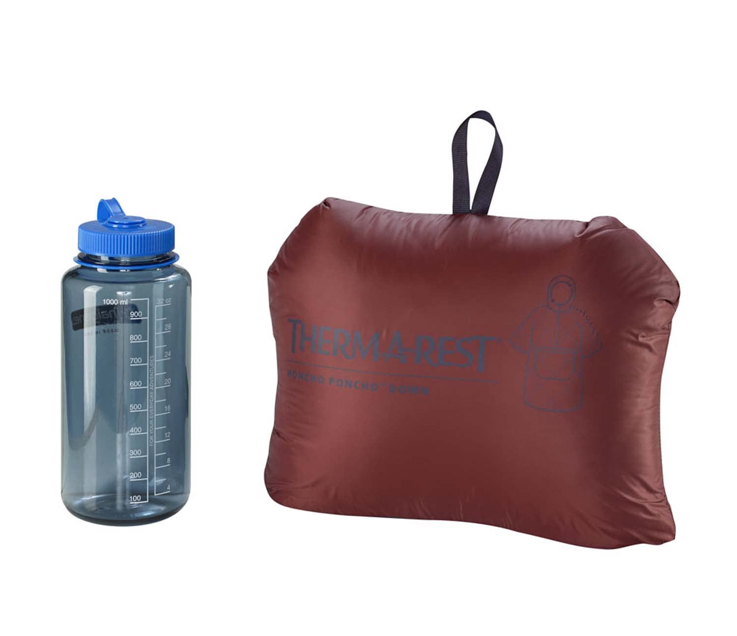 Therm-a-Rest Honcho Poncho Down packed in its pocket for compact transport