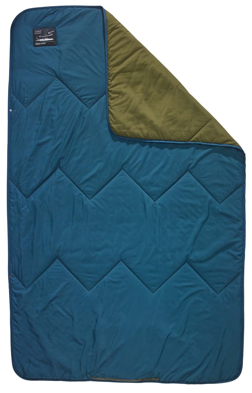Therm-a-Rest Juno Blanket folded in pocket for easy packing.