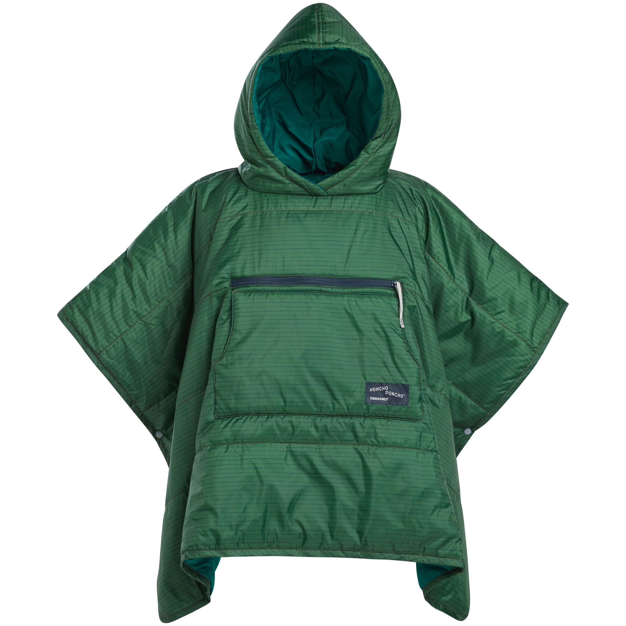 Therm-a-Rest Kids Honcho Poncho worn as a hoodie for cozy outdoor warmth.