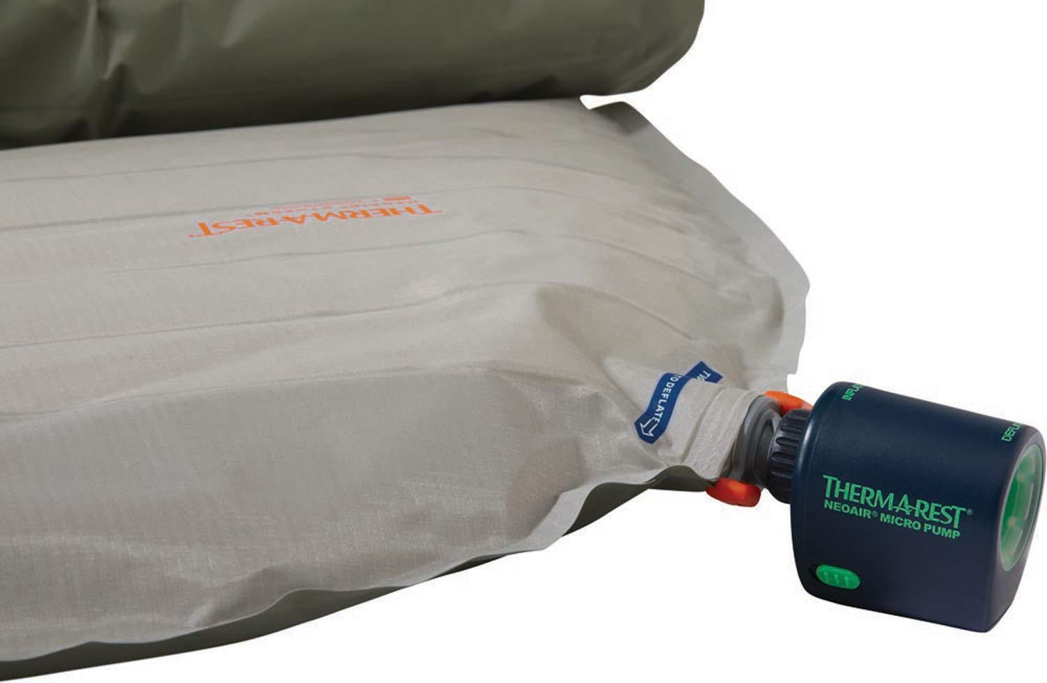 Therm-a-Rest NeoAir Micro Pump on a pack for portable inflation.