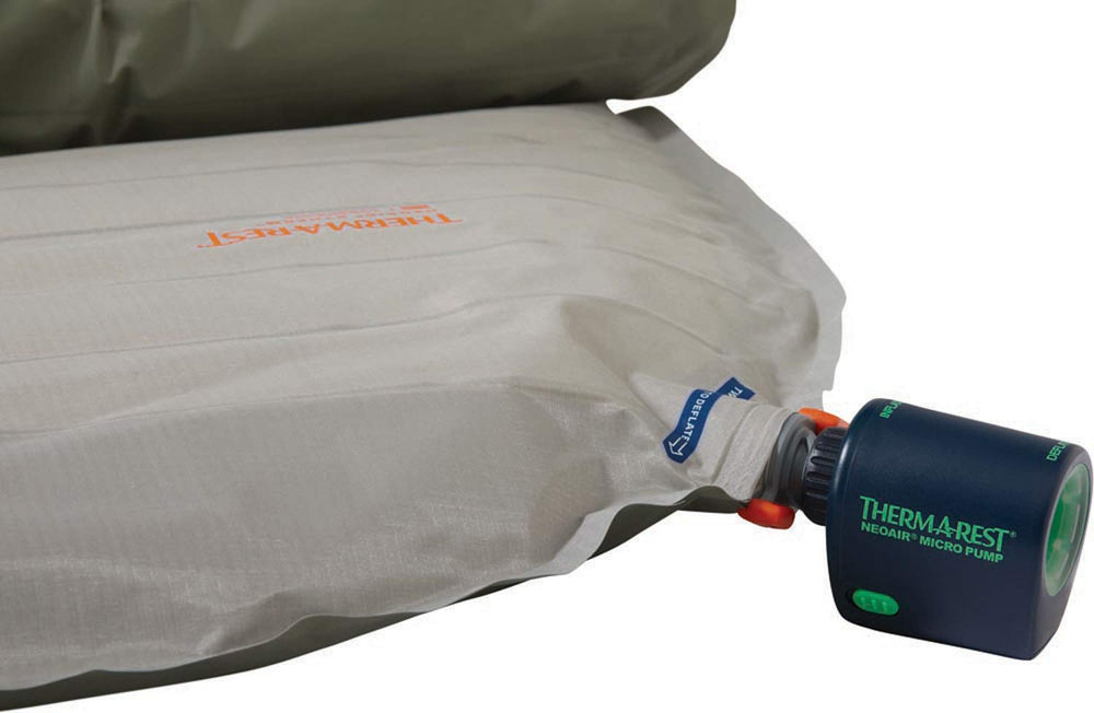 Therm-a-Rest NeoAir Micro Pump on a pack for portable inflation.