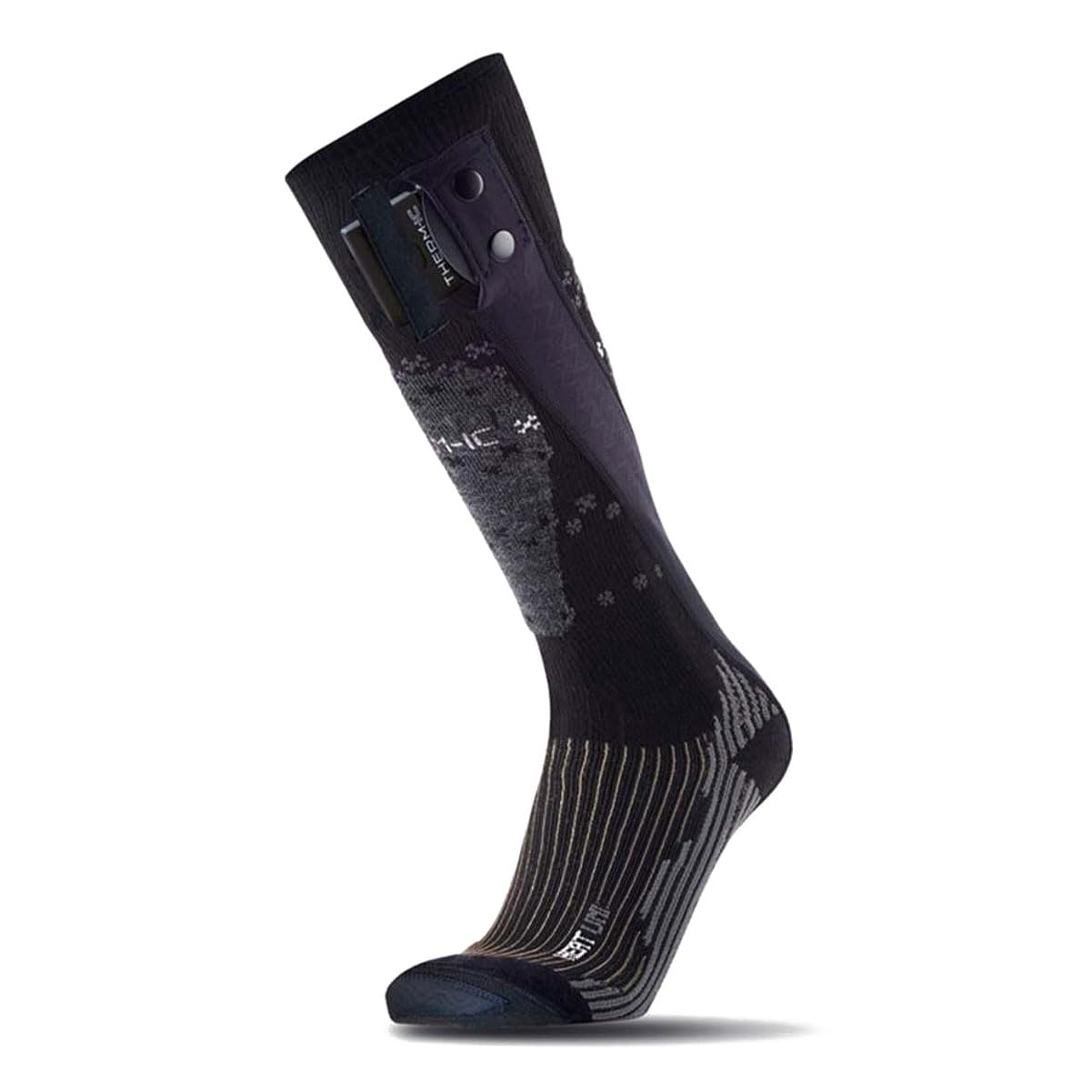 Over-the-calf Therm-ic sock emphasizes warmth retention during snowy descents.