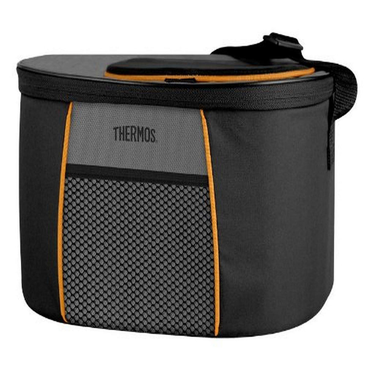 THERMOS Black/Orange-12 Can Cooler with LDPE, front view, keeps drinks cold during picnics.