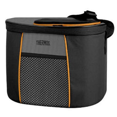 THERMOS Black/Orange-12 Can Cooler with LDPE, front view, keeps drinks cold during picnics.