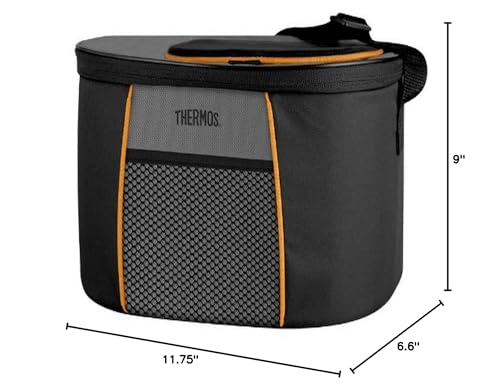 THERMOS Black/Orange-12 Can Cooler in outdoor setting, ideal for parties.