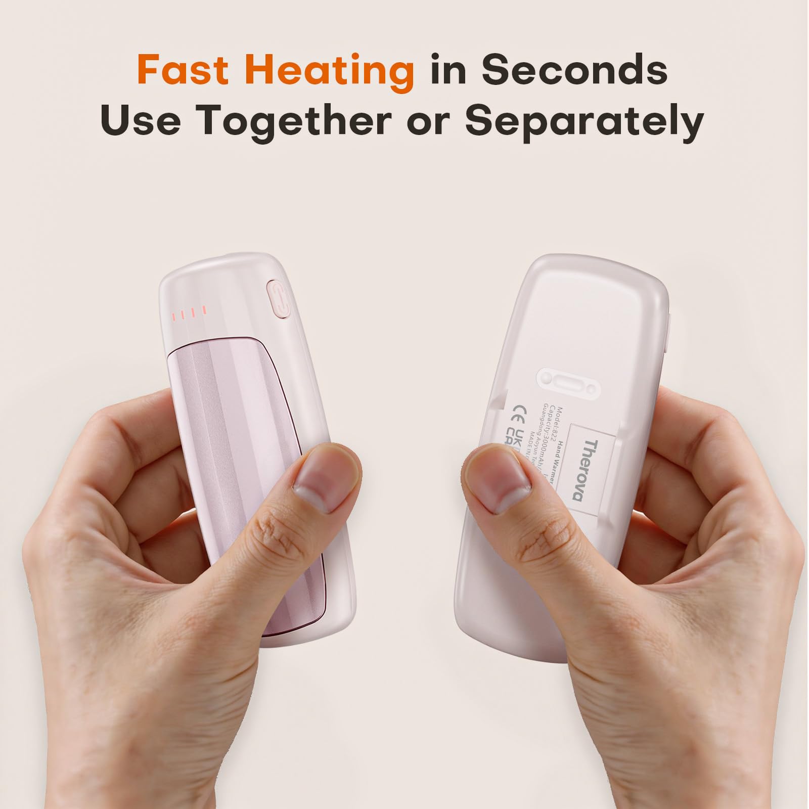 Therova hand warmer demonstrating fast heating and dual-mode use.