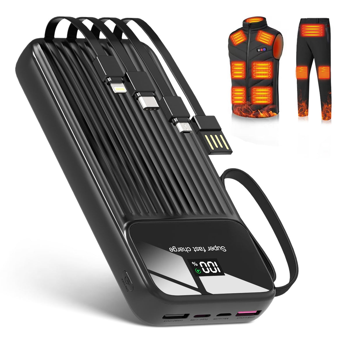 THETHEKU 40000mAh power bank with LED display powers heated clothing and smartphones on the go