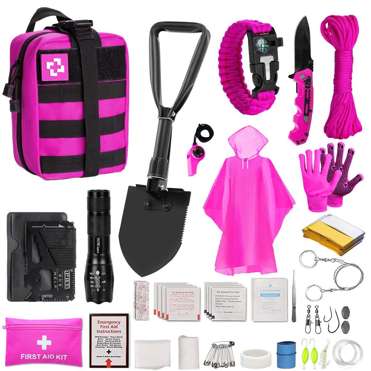 ThinkLearn pink survival kit bag top view for portable safety on hikes.