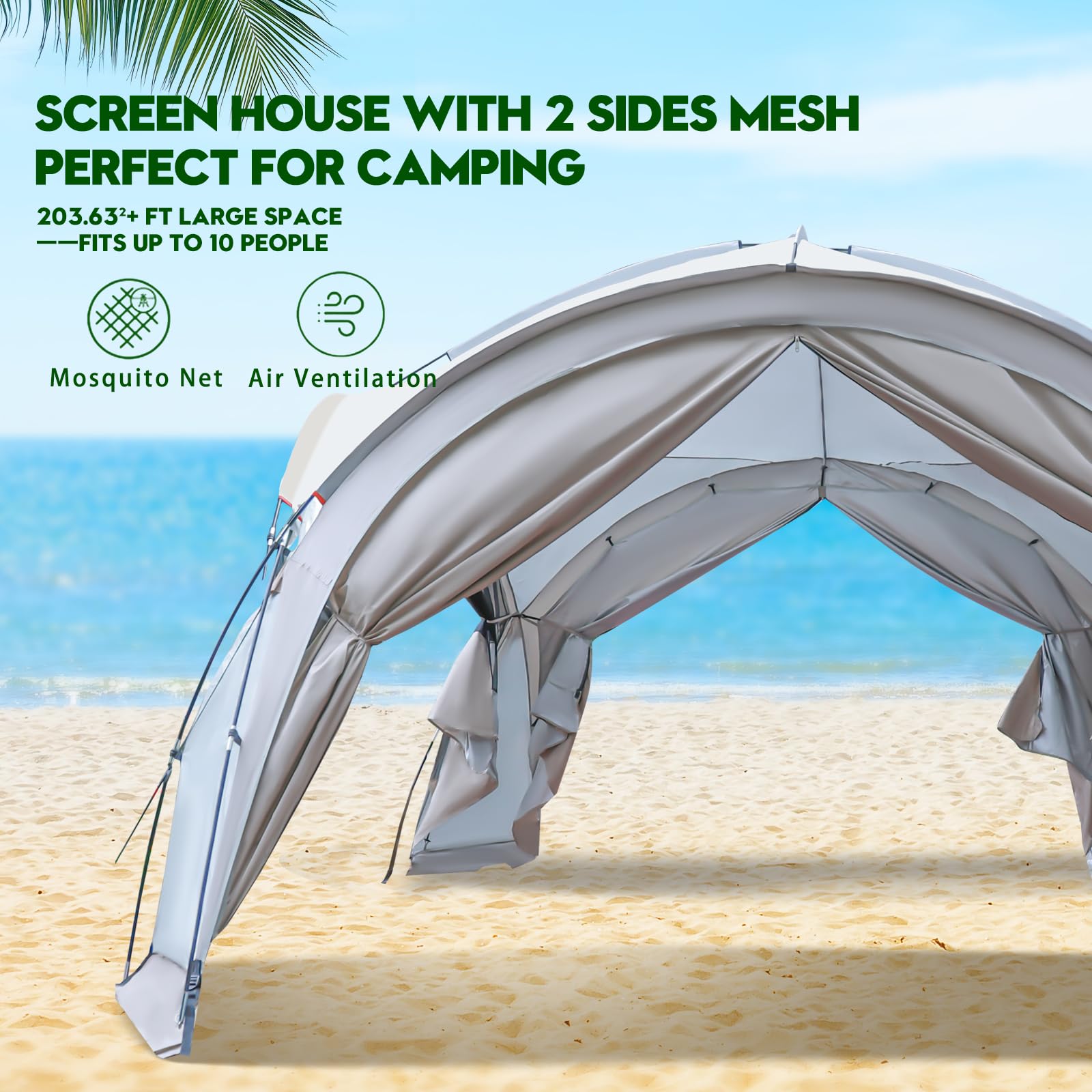 Thinlute beach canopy with people inside, generous interior space