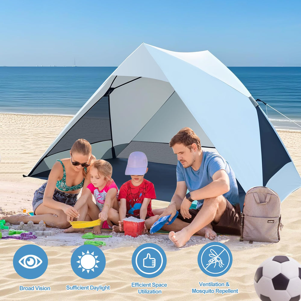 Thinlute Pop Up Beach Tent setup in three steps for quick shelter.