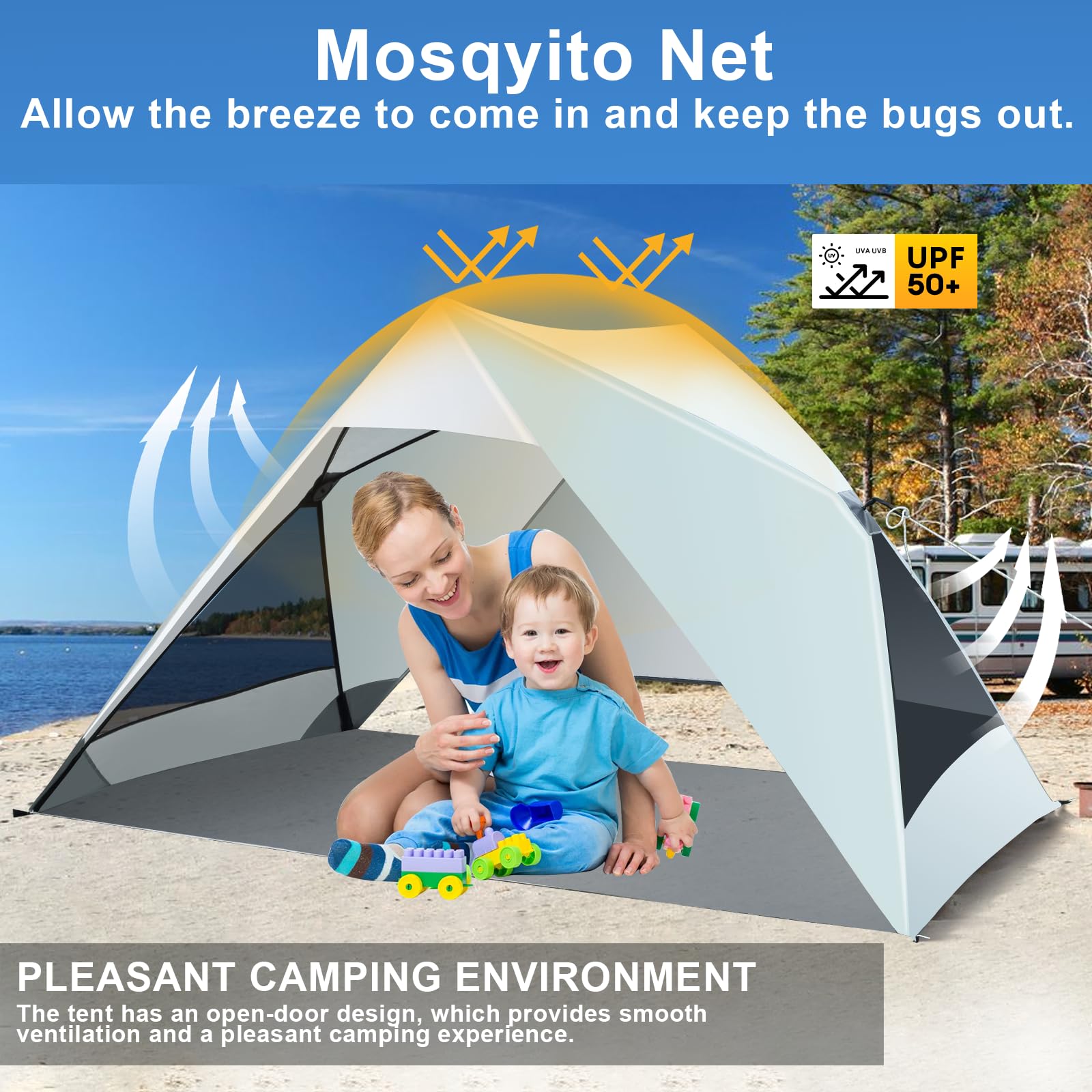Thinlute Pop Up Beach Tent spacious layout for 2-4 people on the shore.