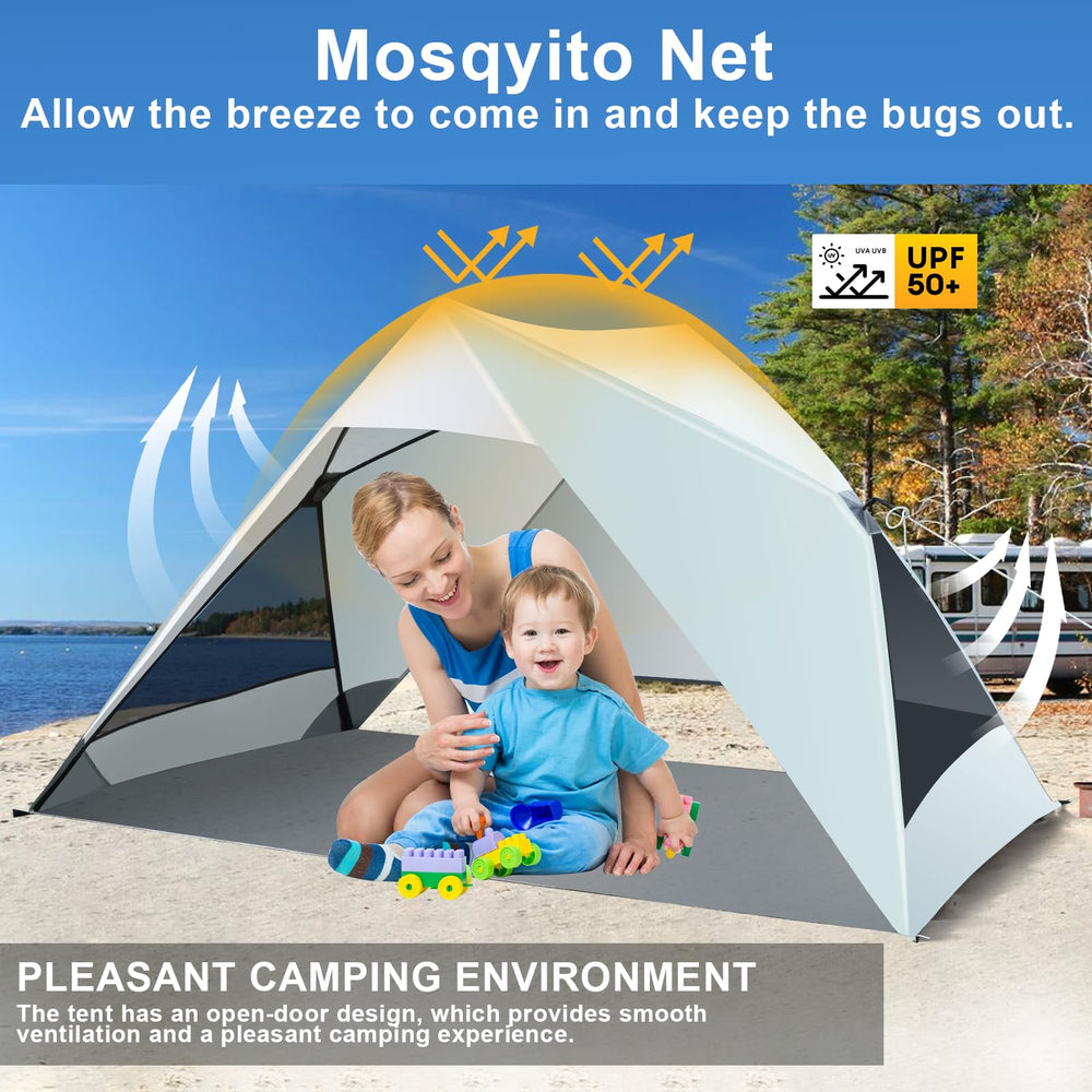 Thinlute Pop Up Beach Tent spacious layout for 2-4 people on the shore.