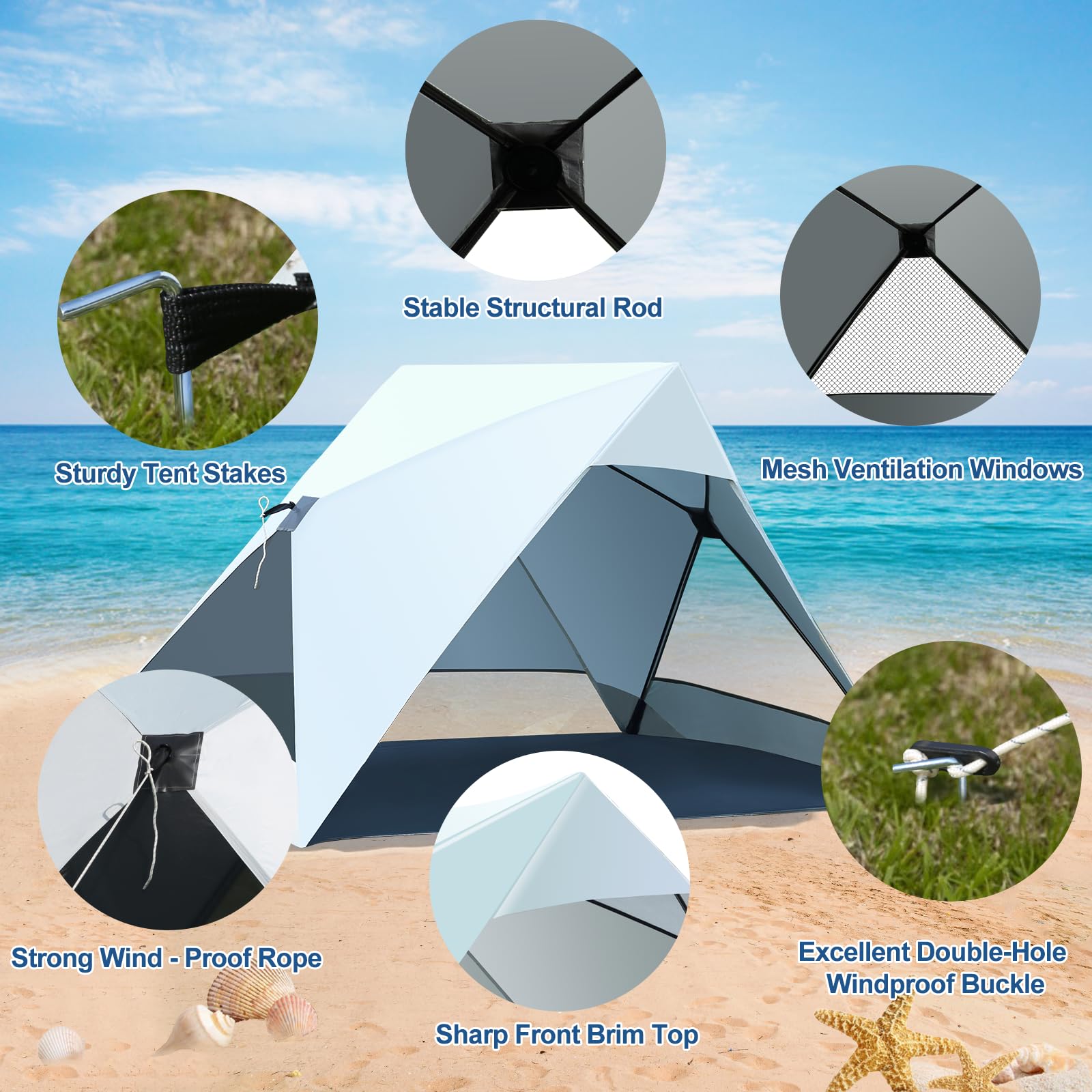 Thinlute Pop Up Beach Tent wind-resistant fiberglass frame in action.