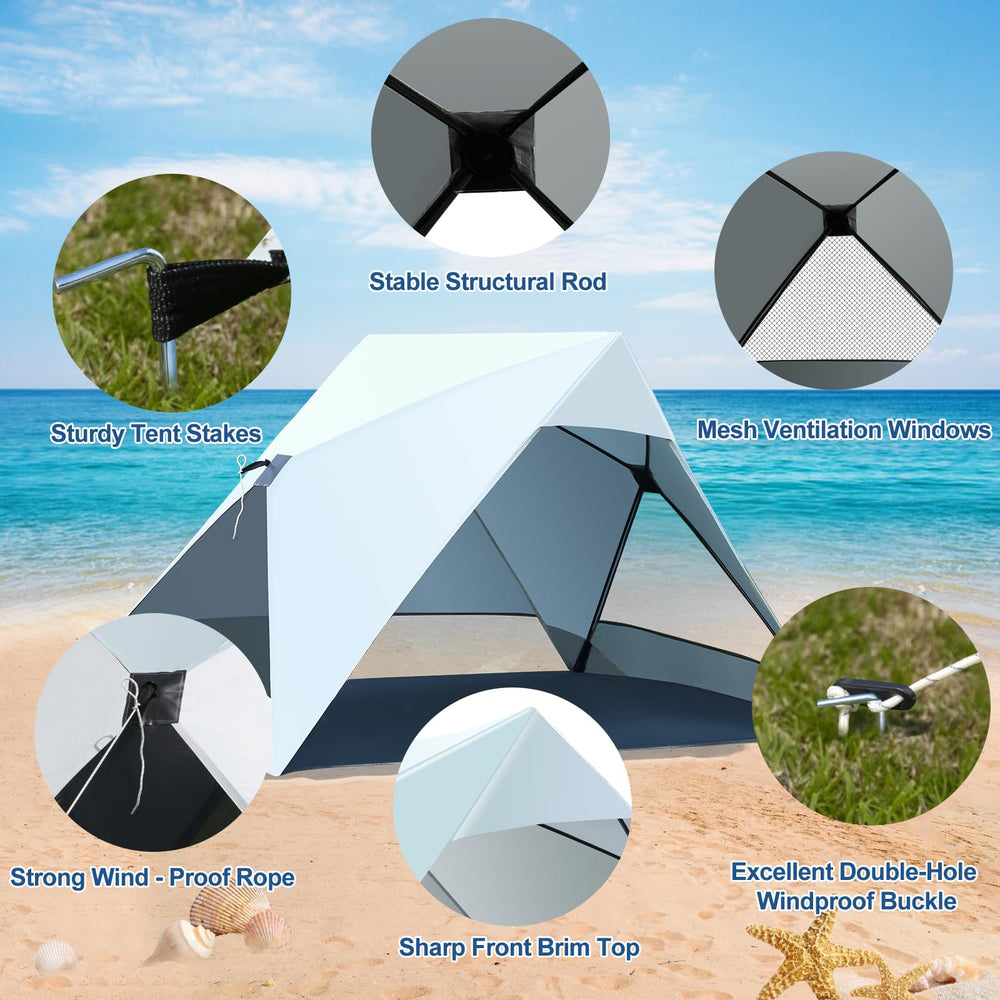 Thinlute Pop Up Beach Tent wind-resistant fiberglass frame in action.