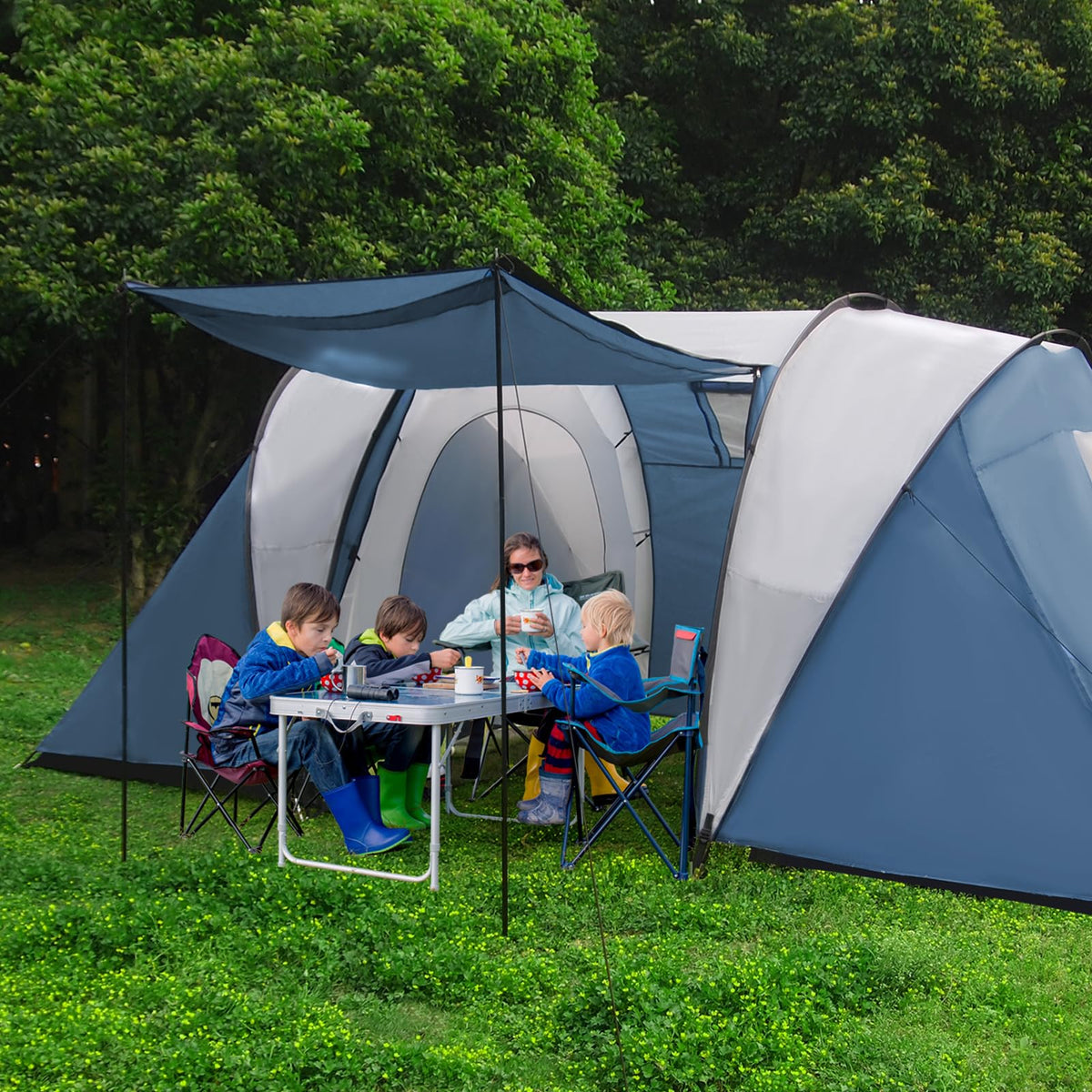 Thinlute tent porch front view showing spacious entry and family-friendly layout