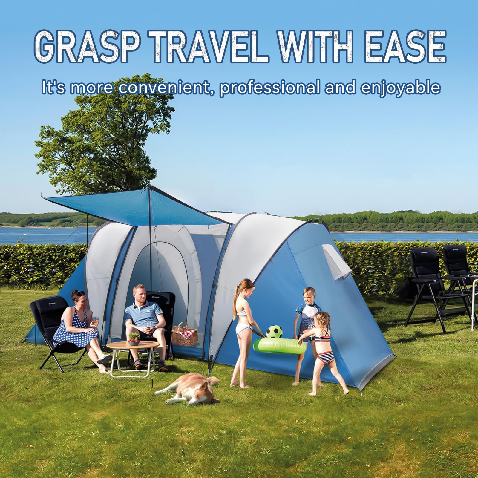 Thinlute tent porch in use as sunshade and outdoor lounge
