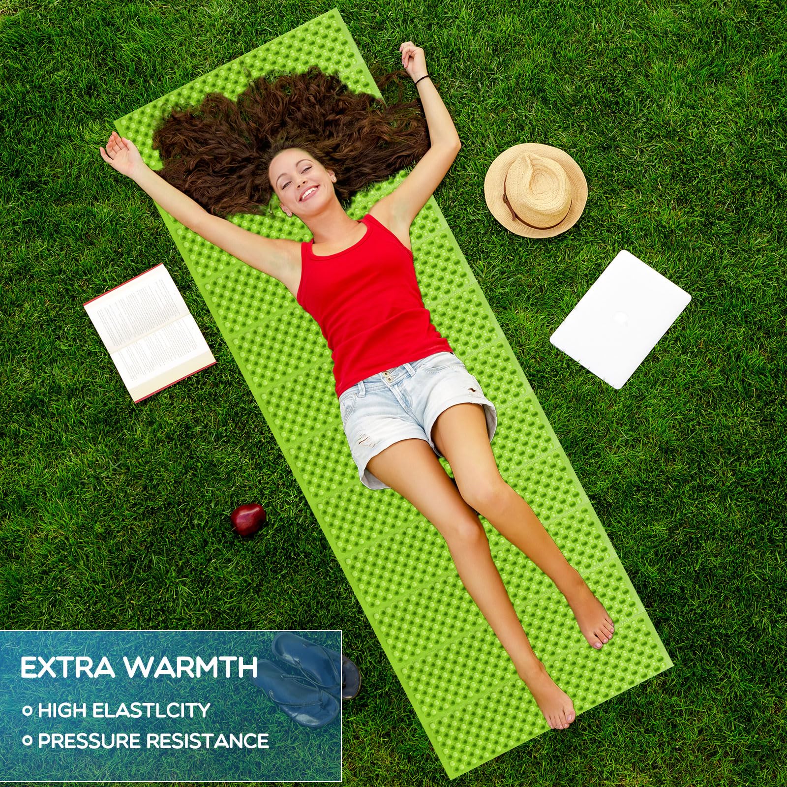THINTON foam camping pad open-dimensions show full-length comfort on uneven ground