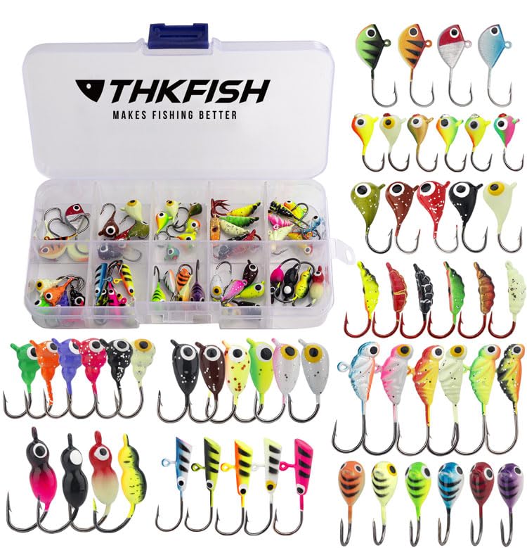 THKFISH ice fishing jigs 54pcs box shows diverse shapes for versatile fishing sessions.