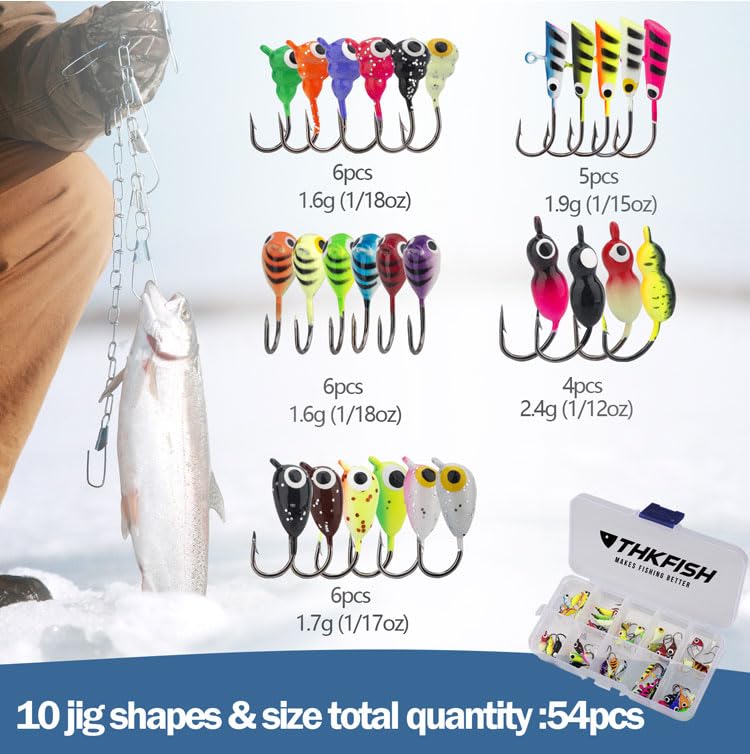 THKFISH jigs cover multiple species targets like walleye, crappie, bluegill.