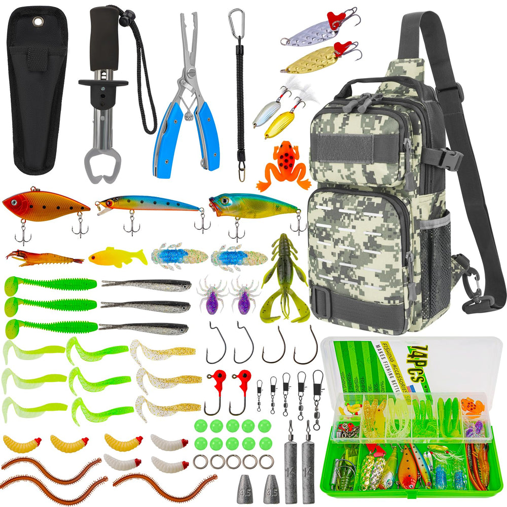 THKFISH 79 Pcs fishing tool kit bag open shows organized tackle storage for easy access