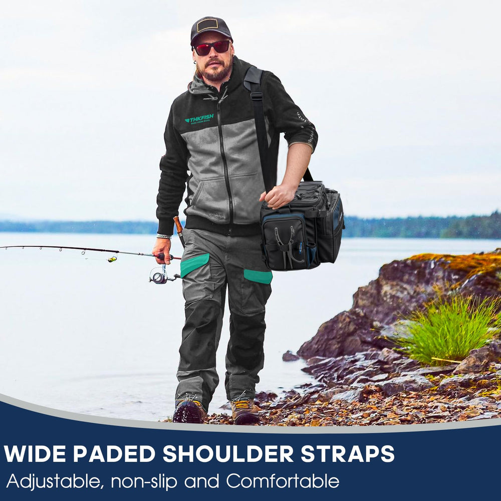 Dimensions reference showing standard and large THKFISH tackle bag sizes.