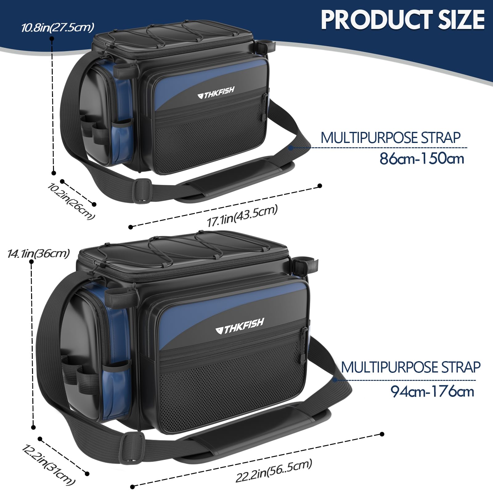 Open THKFISH tackle bag with removable divider and 3600/3700 tray capacity.