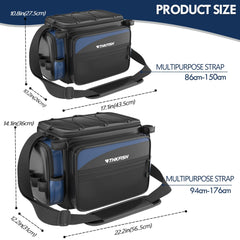 Open THKFISH tackle bag with removable divider and 3600/3700 tray capacity.