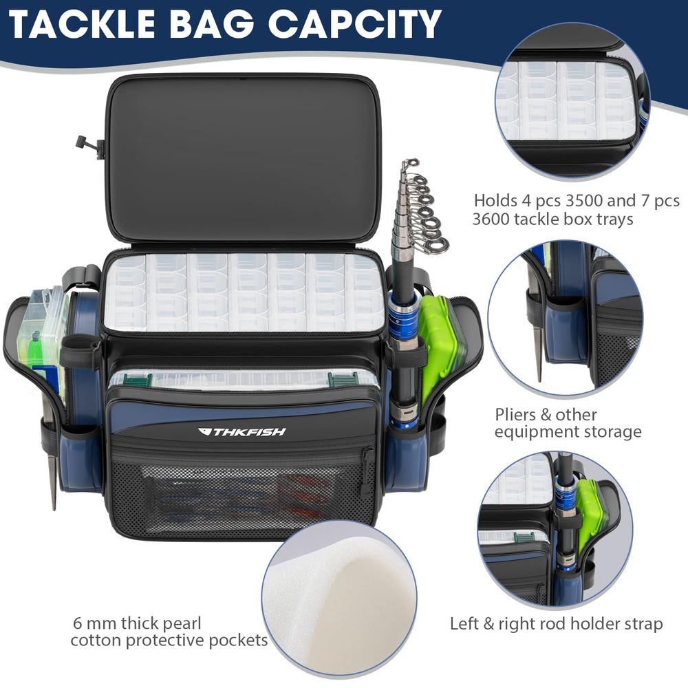 Front pockets, mesh pockets, and D-ring buckles for gear organization.