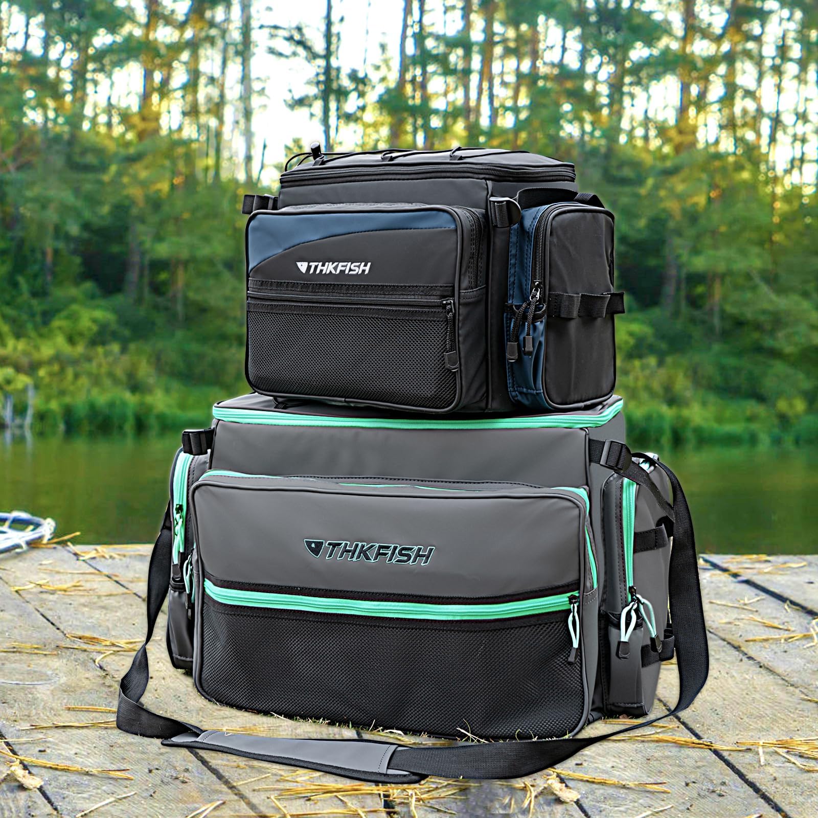 Side view showing pockets and rugged hardware on the THKFISH tackle bag.