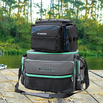 Side view showing pockets and rugged hardware on the THKFISH tackle bag.