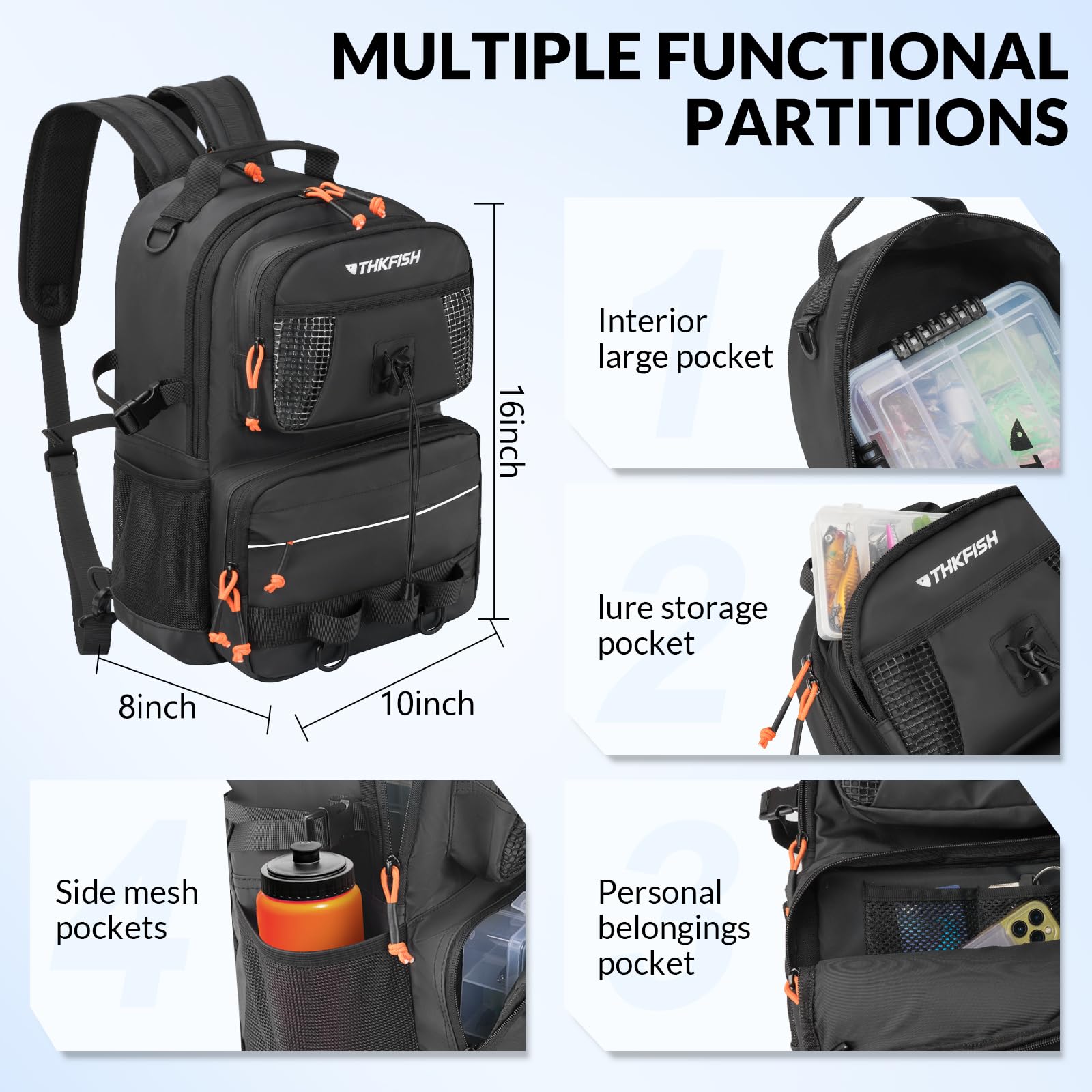 THKFISH fishing backpack features rod holders and front pockets for easy access.