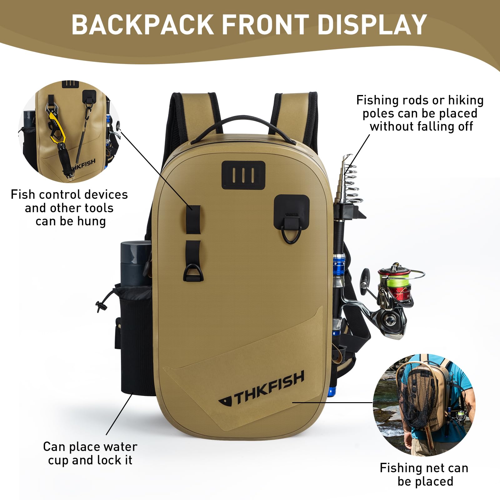 THKFISH IPX8 waterproof backpack rod holder in use for hands-free fishing
