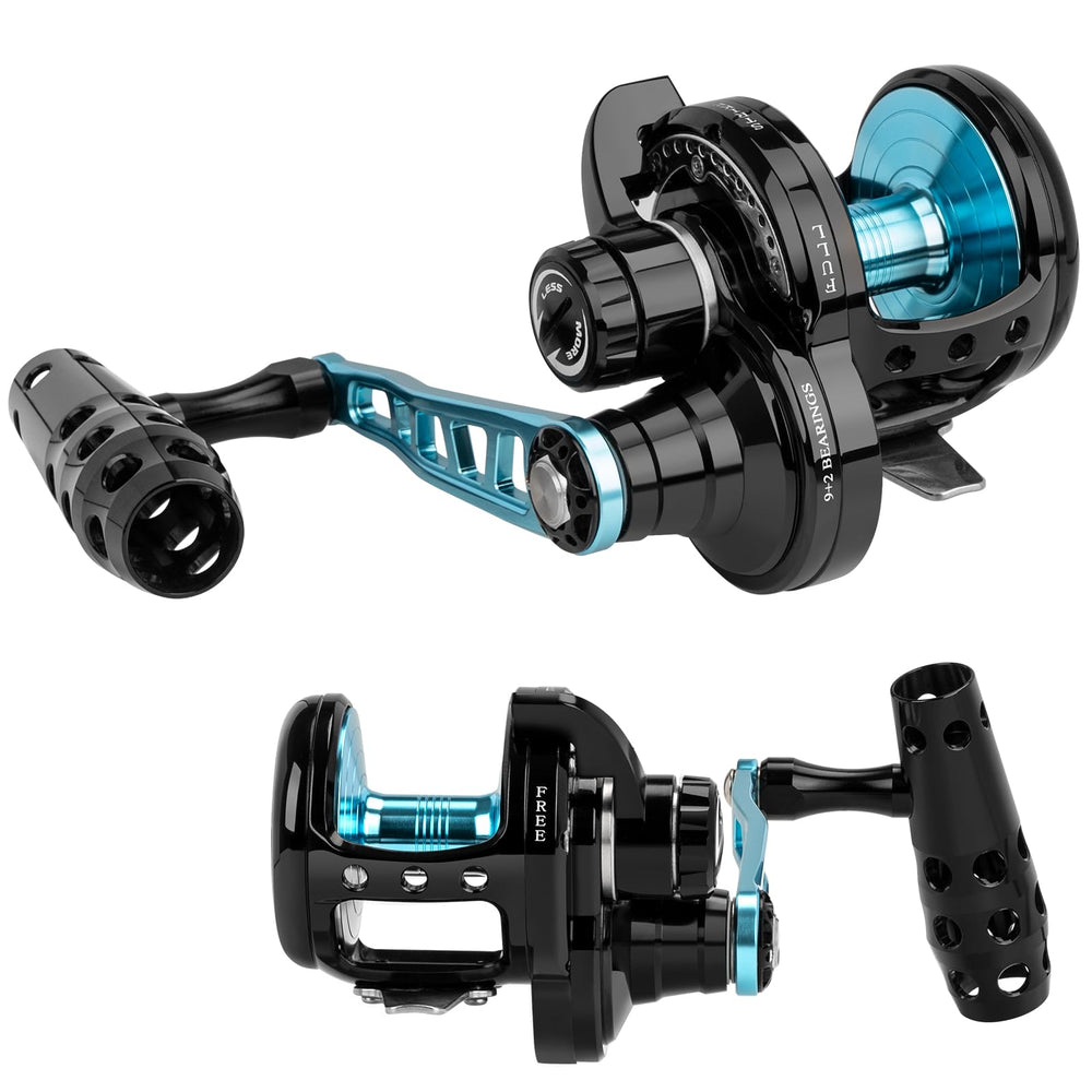 THKFISH slow-pitch jigging reel side view shows sturdy construction for saltwater wear