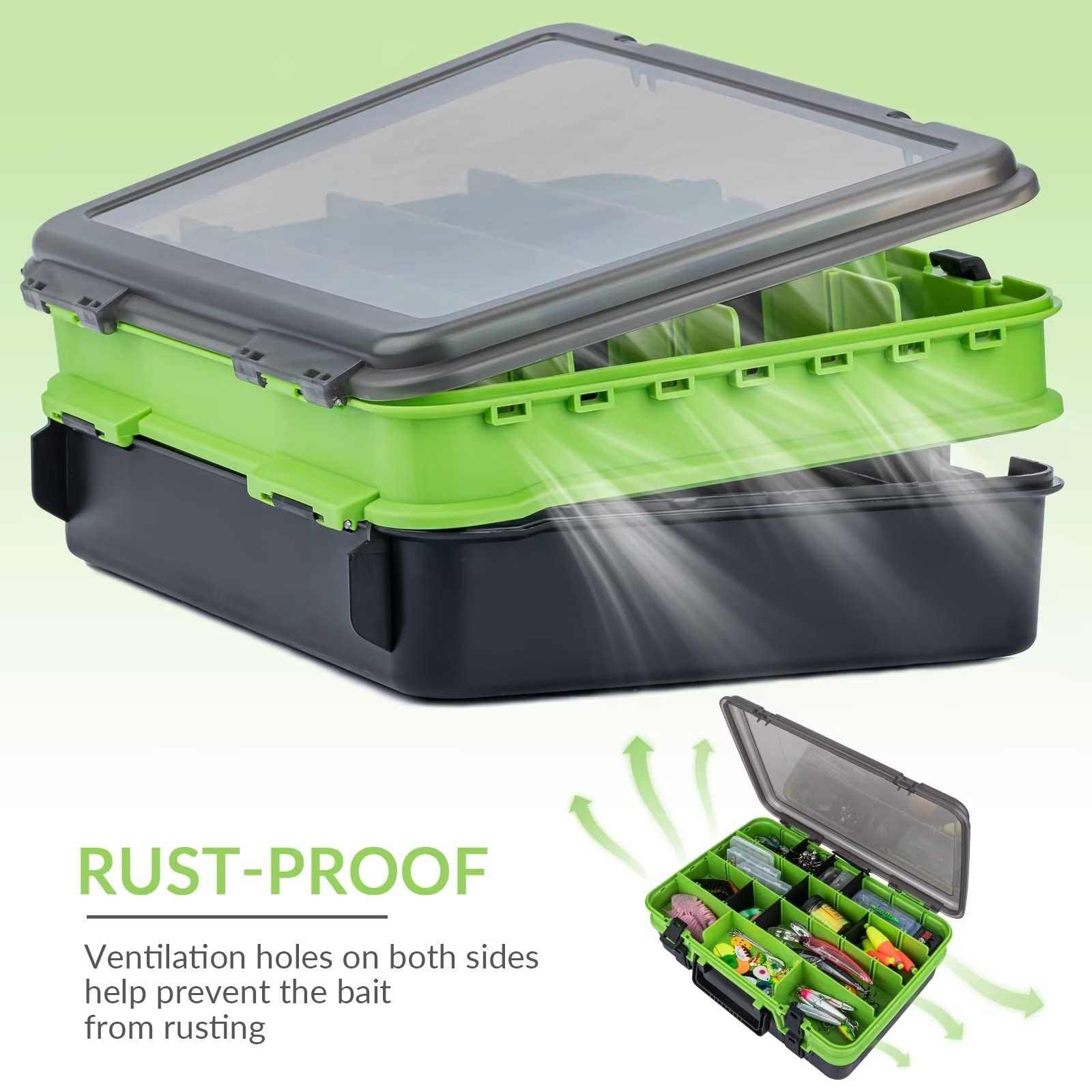 THKFISH tackle box upper and lower compartments separate small items from larger tools.