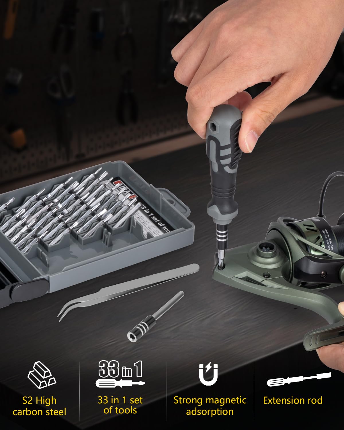 38-in-1 electric screwdriver with magnetic bits for reel maintenance