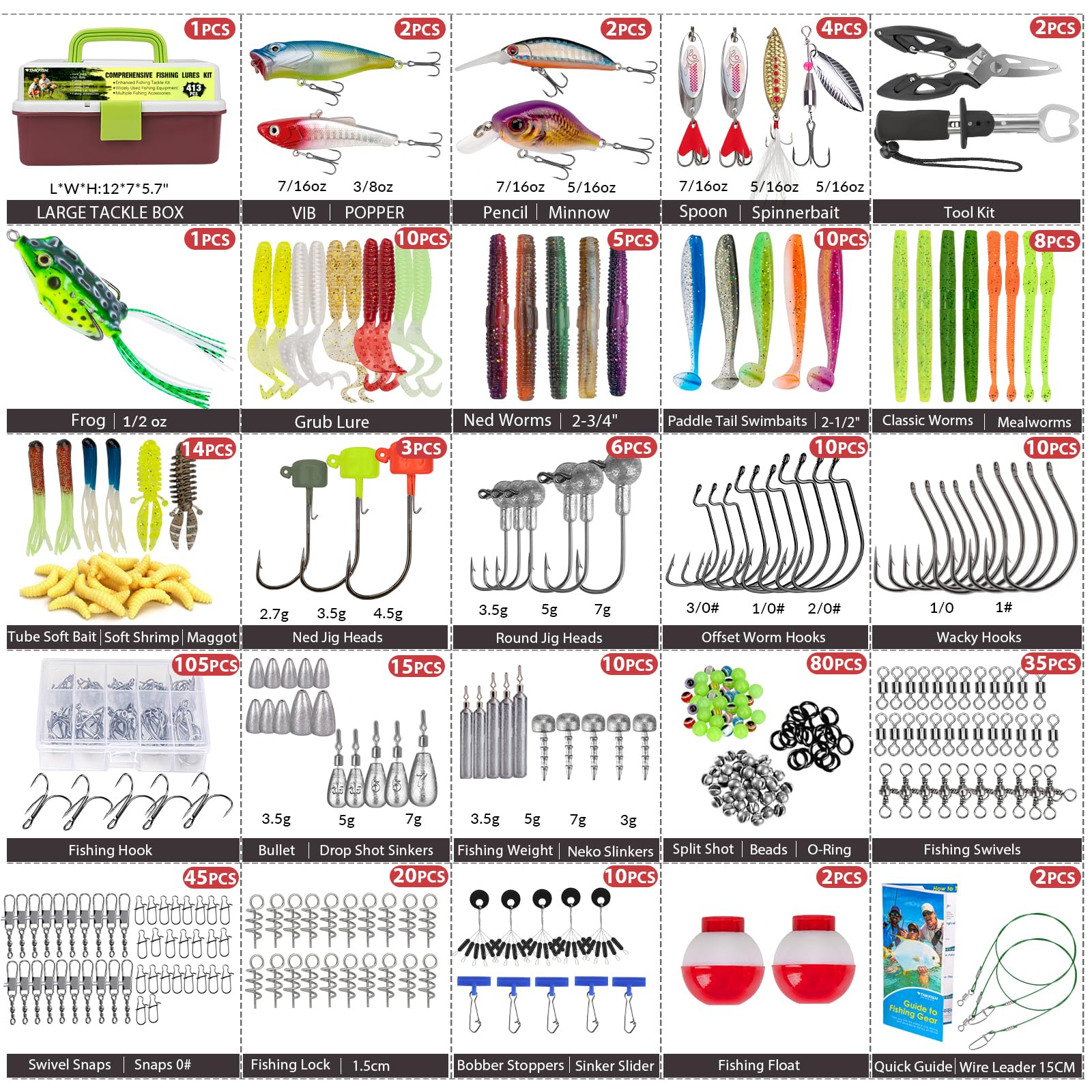 413-piece THKFISH fishing tackle kit contents