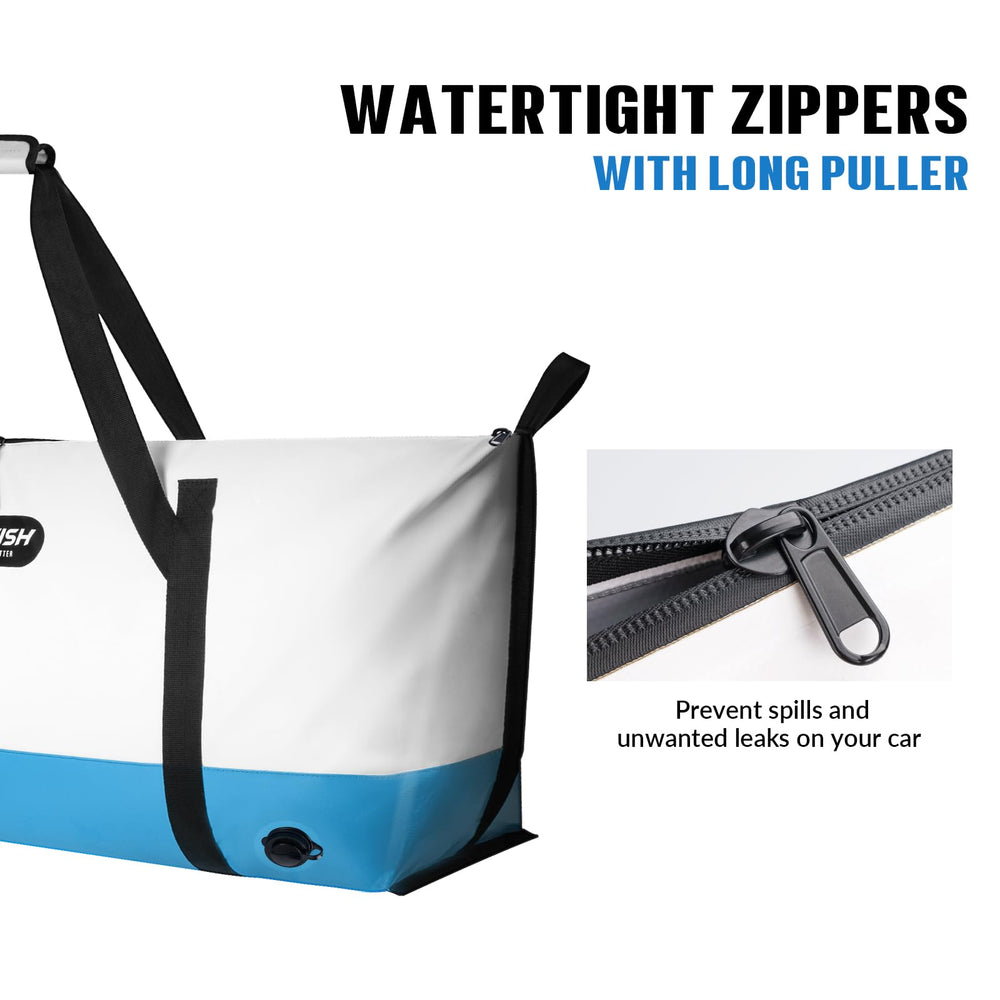 THKFISH durable waterproof fish bag close-up shows thick double-layer PVC and reinforced zipper for reliability