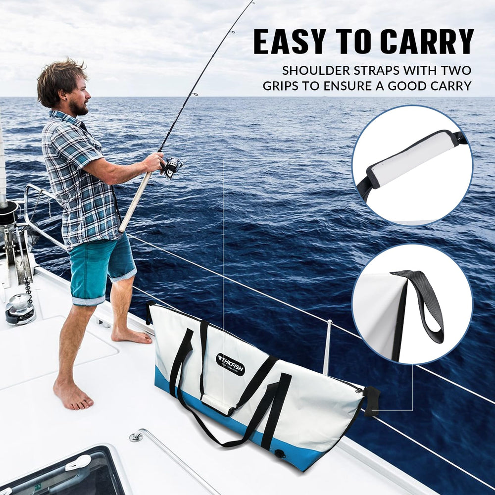 THKFISH fishing cooler bag on boat demonstrates large capacity and flat surface placement stability
