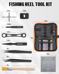 Fishing reel repair kit components placed in portable case