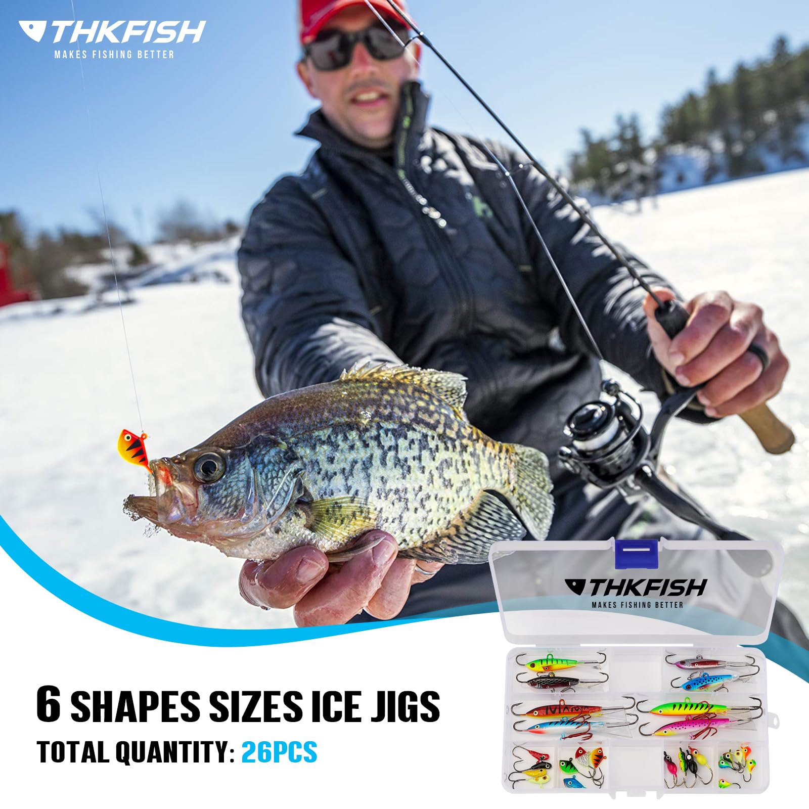 THKFISH glow-in-the-dark jigs improve visibility in murky ice water.