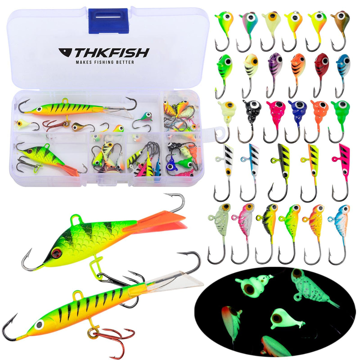 THKFISH ice jigs kit with seven styles offers versatile options for ice fishing