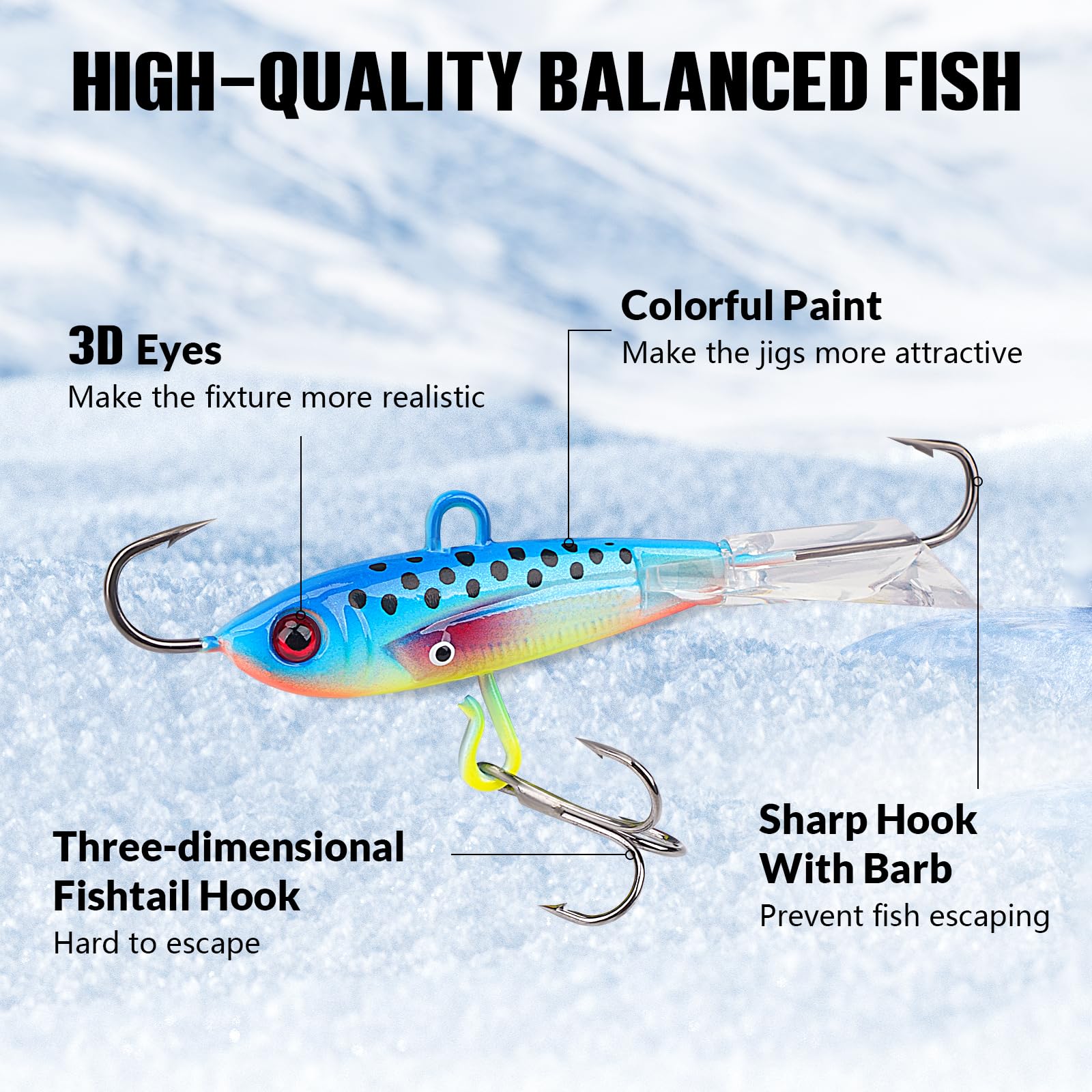 THKFISH ice lures show raised-eye detail for realistic presentation.